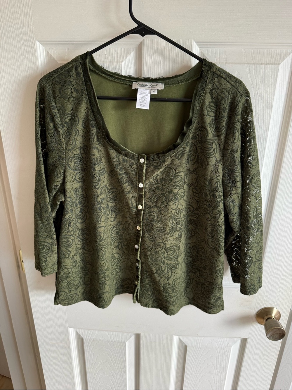 Coldwater Creek Olive Green Lace-Overlay Button Front Top